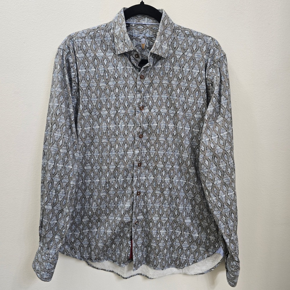 Luchiano Visconti Black Mens Medium Geometric Diamond Print Button Down Shirt